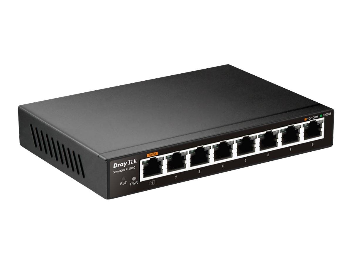 Schwarzer DrayTek Netzwerk-Switch mit acht Ethernet-Anschlüssen und Statusleuchten, dargestellt auf weißem Hintergrund.