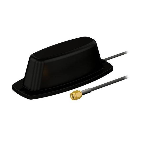 Schwarzes externes Antennemodul mit Koaxialkabel und Goldstecker auf weißem Hintergrund.
