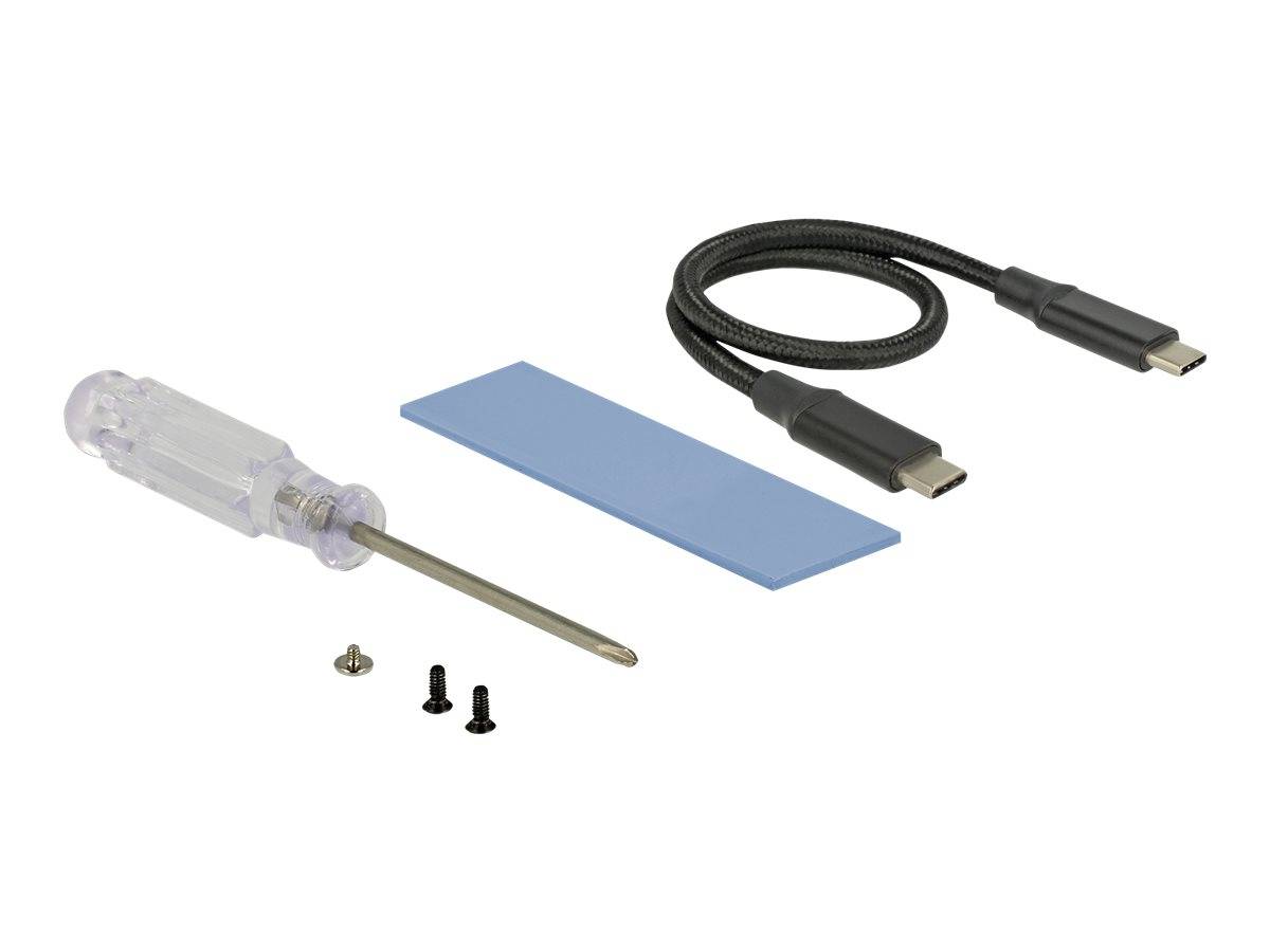 USB-C-Adapter-Kit mit Schraubendreher, blauem Wärmeleitpad, geflochtenem USB-C-Kabel und kleinen Schrauben auf weißem Hintergrund