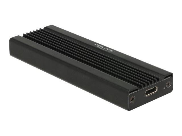 Schwarzes Aluminium-M.2-SSD-Gehäuse mit USB-C-Anschluss und sichtbaren Seitenschrauben, dargestellt auf weißem Hintergrund.