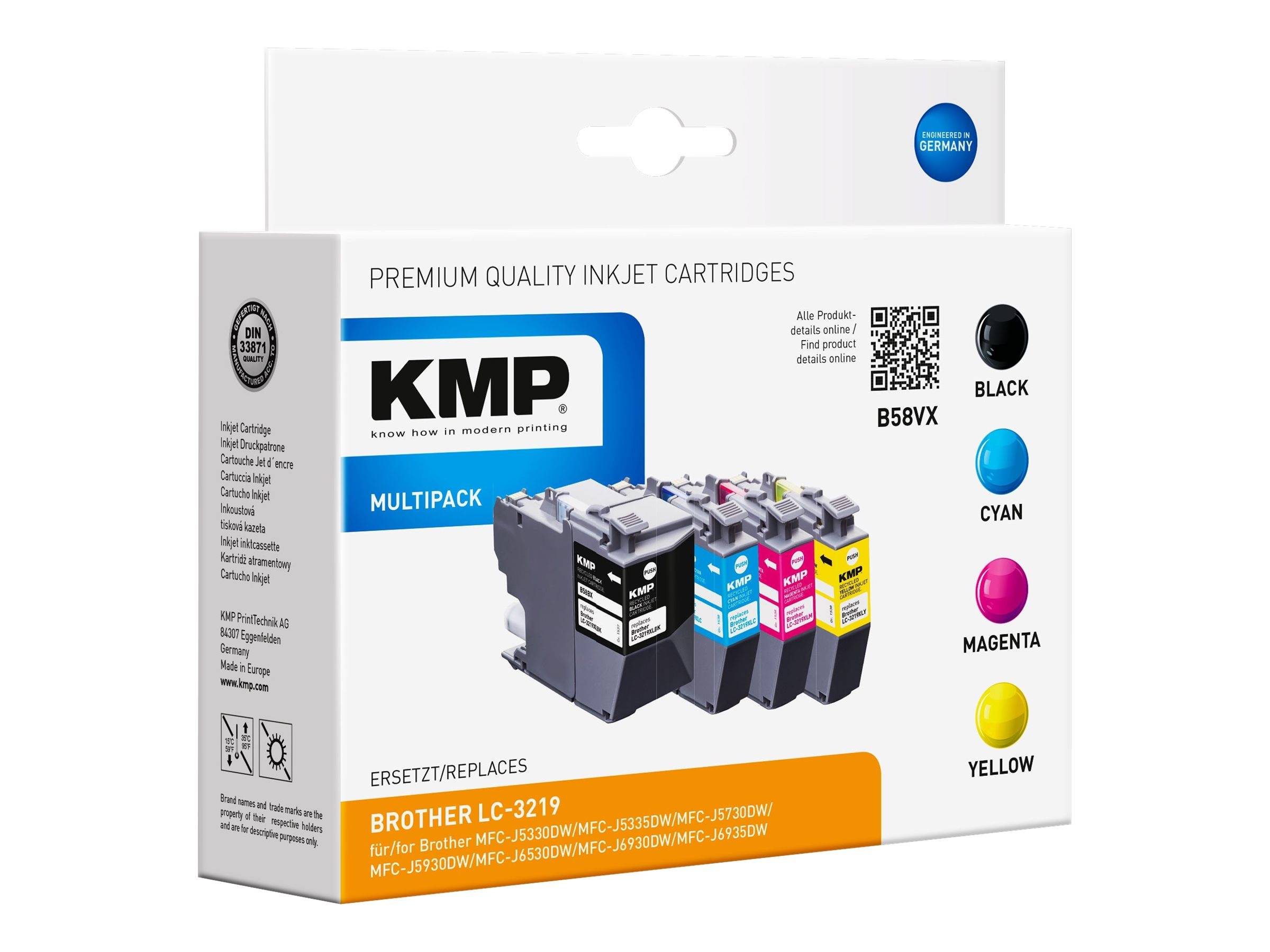 KMP Premium-Qualität Tintenstrahlpatronen Multipack Box für Brother LC-3219, zeigt schwarze, cyan, magenta und gelbe Patronen.