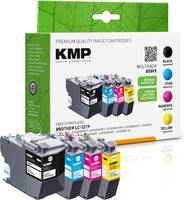 KMP Premium-Qualitäts-Tintenpatronen-Box mit schwarzen, cyan-, magenta- und gelben Patronen, die vor der Verpackung gezeigt werden.