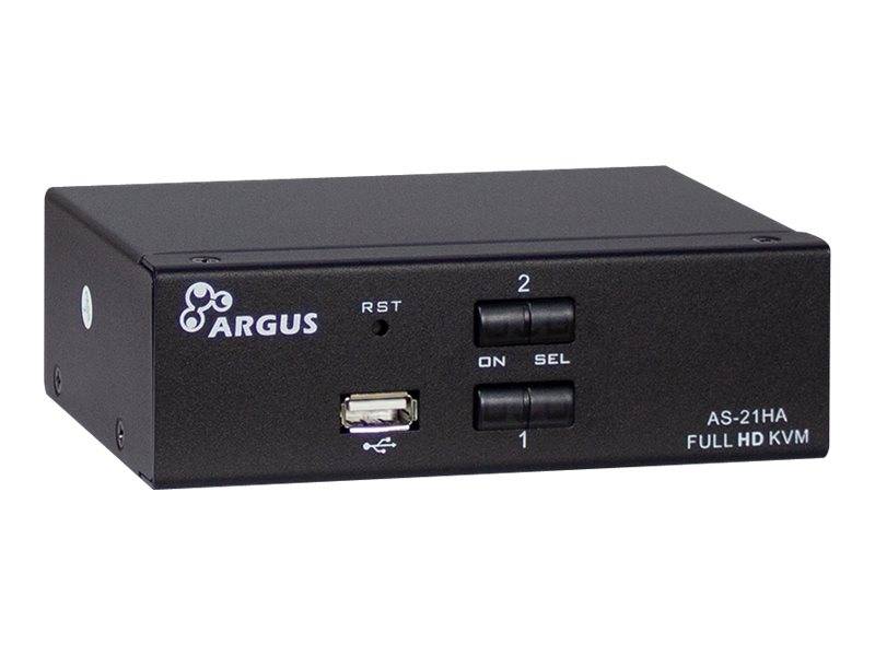 Black Argus AS-21HA Full HD KVM-Umschalter mit USB-Anschluss, Rücksetztaste und 1/2-Wahlschaltern auf der Frontplatte.