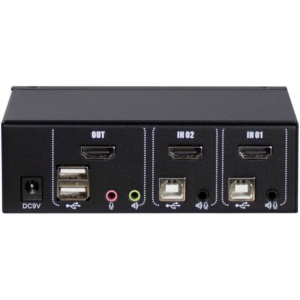 Frontansicht eines schwarzen USB-Hub-/Docking-Geräts mit DC9V-Stromeingang, einem USB-Ausgang, zwei USB-Eingängen, HDMI-Anschlüssen und Audiobuchsen.