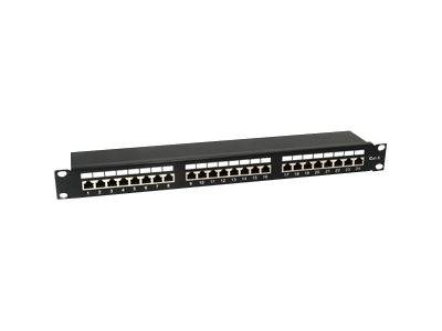 24-Port schwarzes Netzwerk-Patchpanel für Rackeinbau mit nummerierten Ethernet-Buchsen zur Verwaltung von Kabelverbindungen