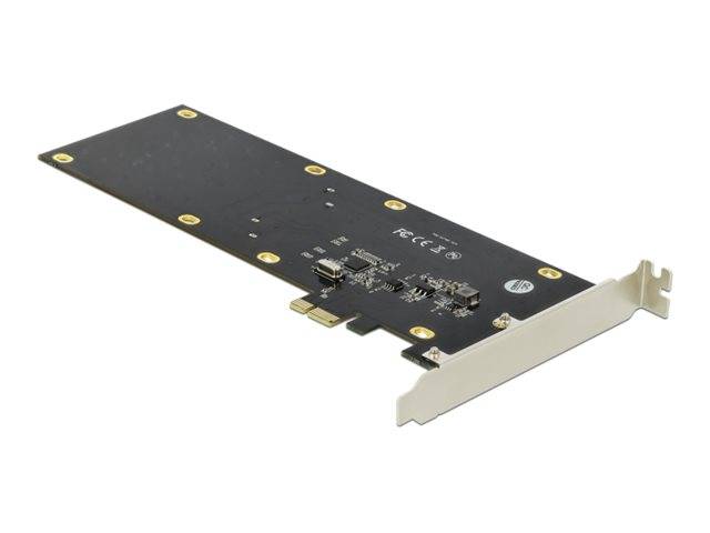 PCIe-Erweiterungskarte mit einer langen schwarzen Leiterplatte und metallischer Halterung, gezeigt auf weißem Hintergrund.
