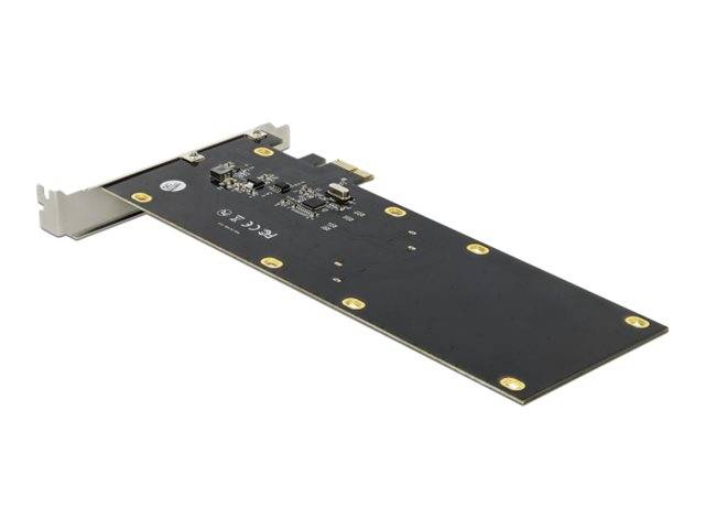 Eine PCIe-Erweiterungskarte mit schwarzer Leiterplatte und Metallhalterung, dargestellt auf weißem Hintergrund.
