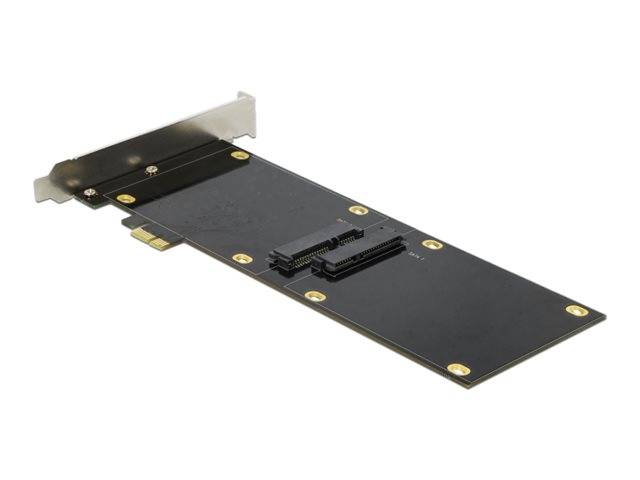 Eine PCIe-Erweiterungskarte mit einer Metallhalterung und zwei schwarzen internen Anschlüssen auf einem einfachen weißen Hintergrund.