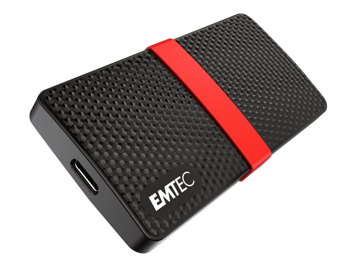 Tragbares externes Laufwerk von EMTEC in Schwarz mit strukturierter Oberfläche, rotem Band und USB-C-Anschluss an der Seite.