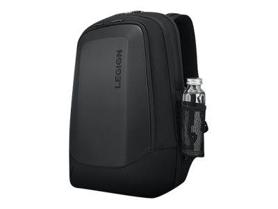 Schwarzer Lenovo Legion Rucksack mit seitlicher Wasserflaschentasche auf weißem Hintergrund.