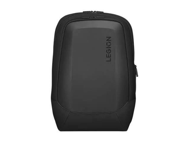 Schwarzer Lenovo Legion Rucksack mit einer vorderen Reißverschlusstasche, gezeigt auf einem einfachen weißen Hintergrund.