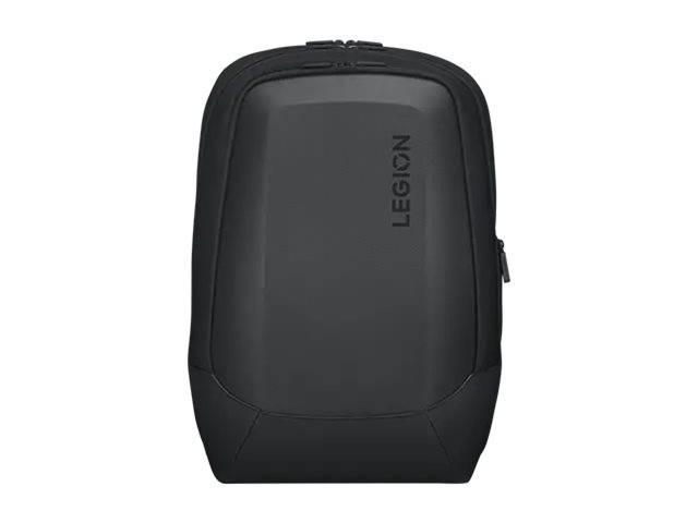 Schwarzer Lenovo Legion Rucksack mit einer vorderen Reißverschlusstasche und gepolstertem, strukturiertem Design auf weißem Hintergrund.
