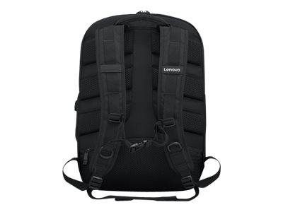 Schwarzer Lenovo-Rucksack von hinten gezeigt, mit gepolsterten Schultergurten, Brustgurt und seitlichen Kompressionsgurten.