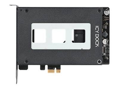 Ein ICY DOCK M.2-SSD-Adapterkarte mit schwarzem Metallgehäuse und freigelegtem Goldstecker.
