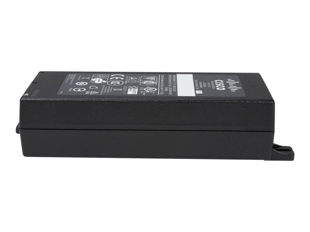 Schwarzer rechteckiger elektronischer Stromadapter oder Akku-Pack mit aufgedrucktem Etikett, dargestellt auf weißem Hintergrund.
