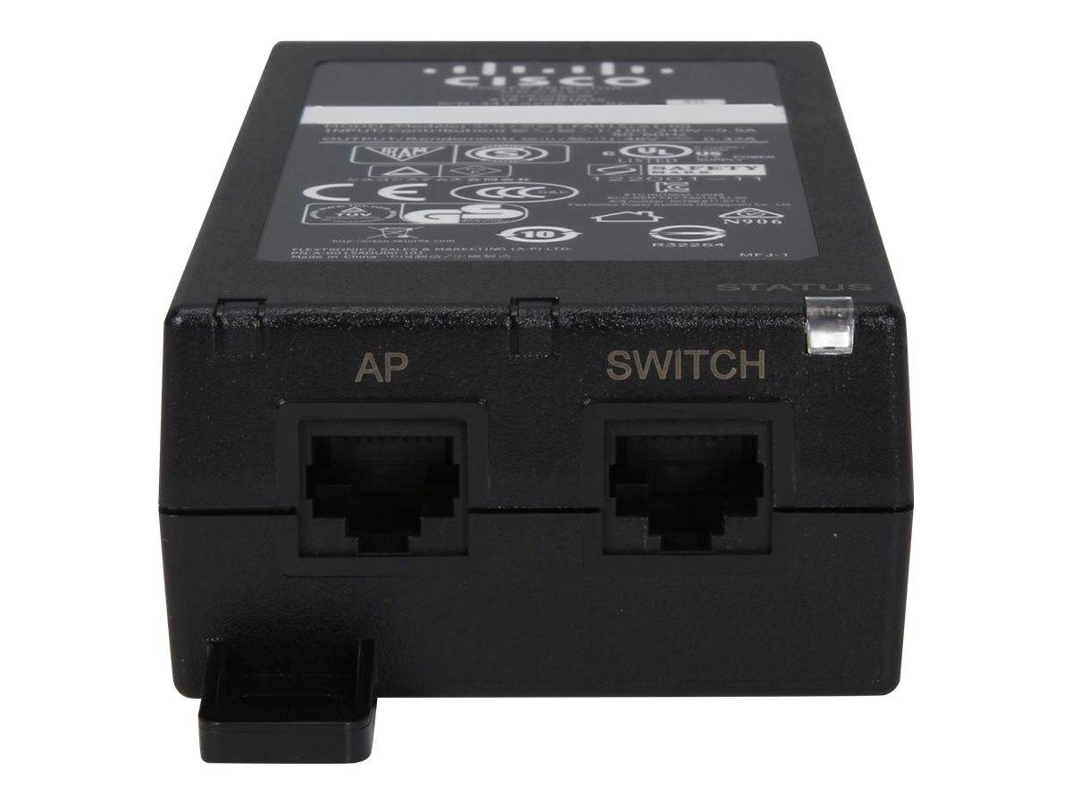 Nahaufnahme eines schwarzen Cisco-Netzwerkzugriffspunkts/Switch-Geräts mit zwei vorderen Ethernet-Anschlüssen, die mit 