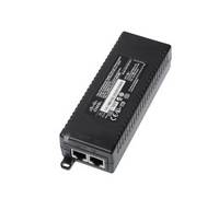Schwarzer rechteckiger Ethernet-Power-Injector mit zwei Netzwerkports, dargestellt auf weißem Hintergrund.