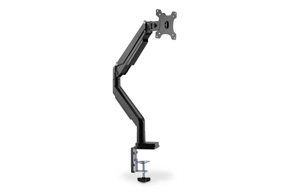 Eine verstellbare Monitorhalterung in Schwarz mit Klemmfuß, die entwickelt wurde, um einen Computerbildschirm zu halten und eine ergonomische Positionierung auf einem Schreibtisch zu ermöglichen.