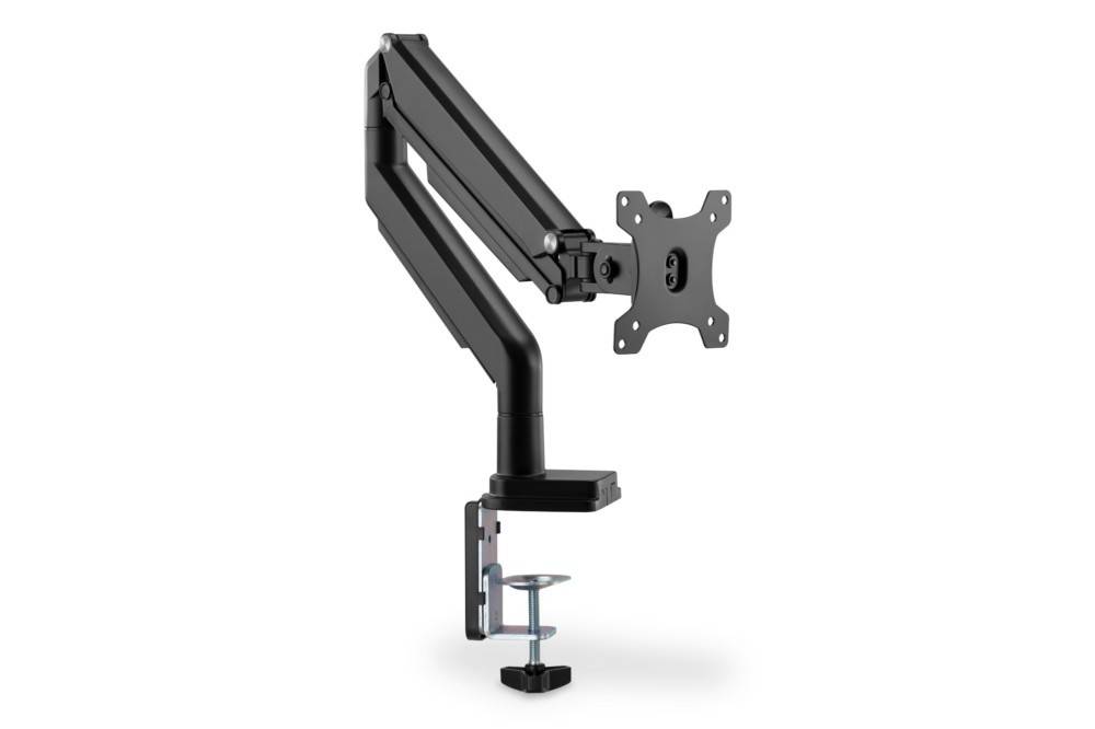Verstellbarer schwarzer Monitorarm mit Klemmhalterung, entwickelt zum Halten und Positionieren eines Computerbildschirms für optimale Sichtwinkel.