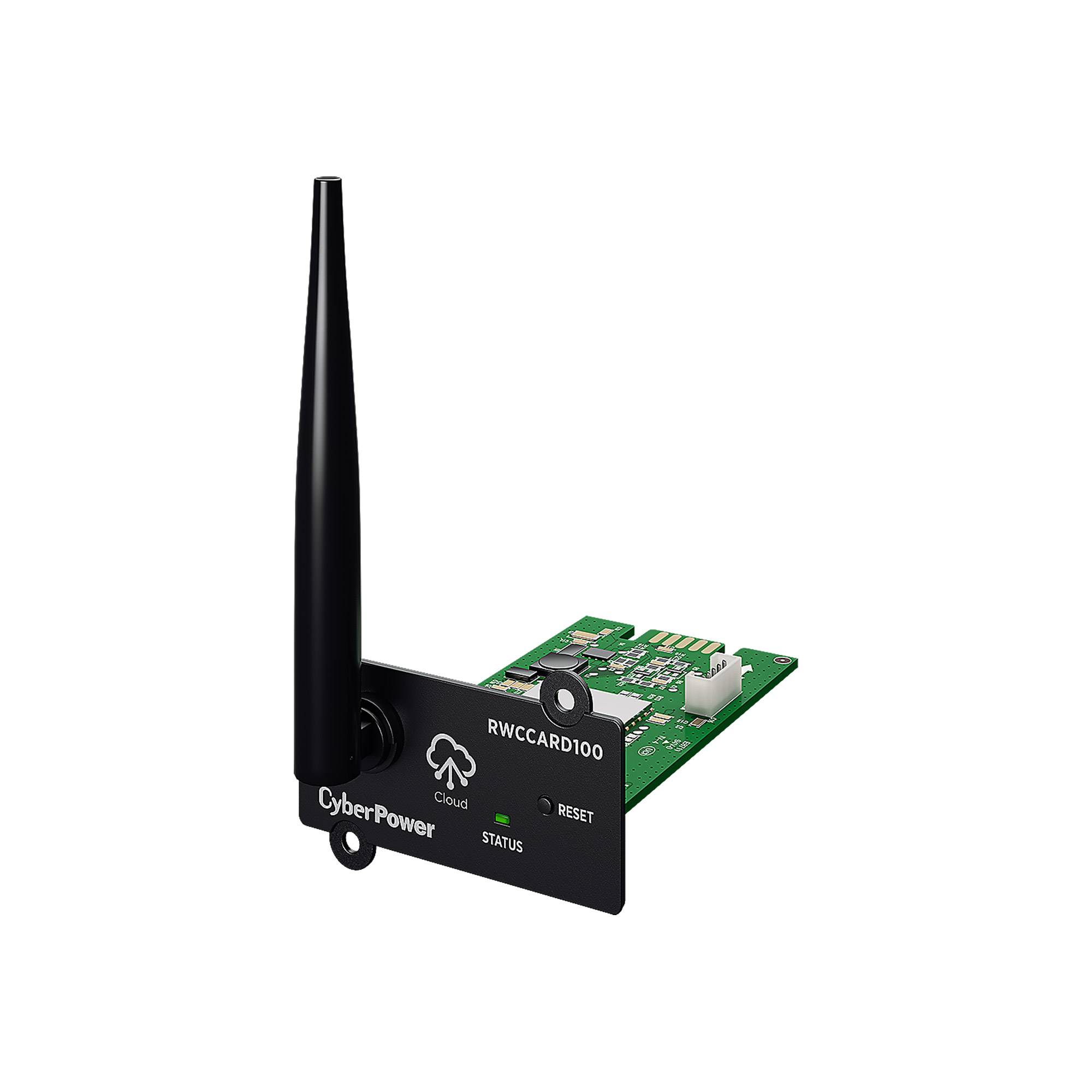 CyberPower RWCCARD100 Wireless-Netzwerkverwaltungskarte mit Antenne und Status-/Reset-Indikatoren.