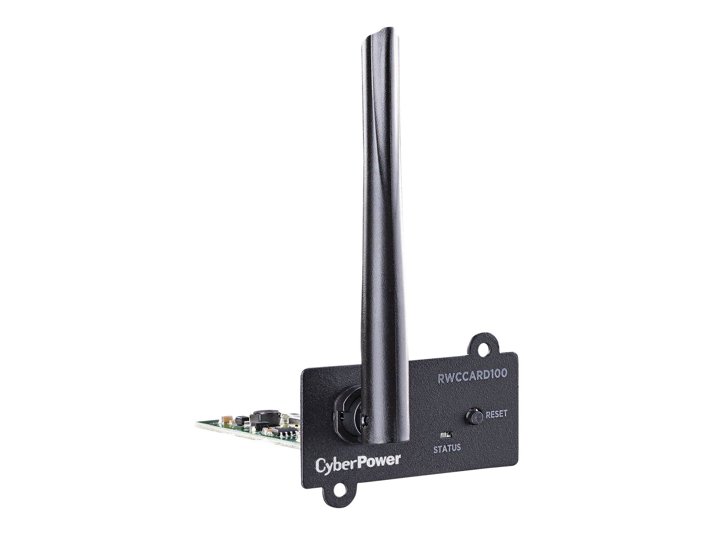 CyberPower-Wireless-Adapter mit einer hohen Antenne, einer Statusleuchte und einem Reset-Button auf einem kleinen Schaltkreis.
