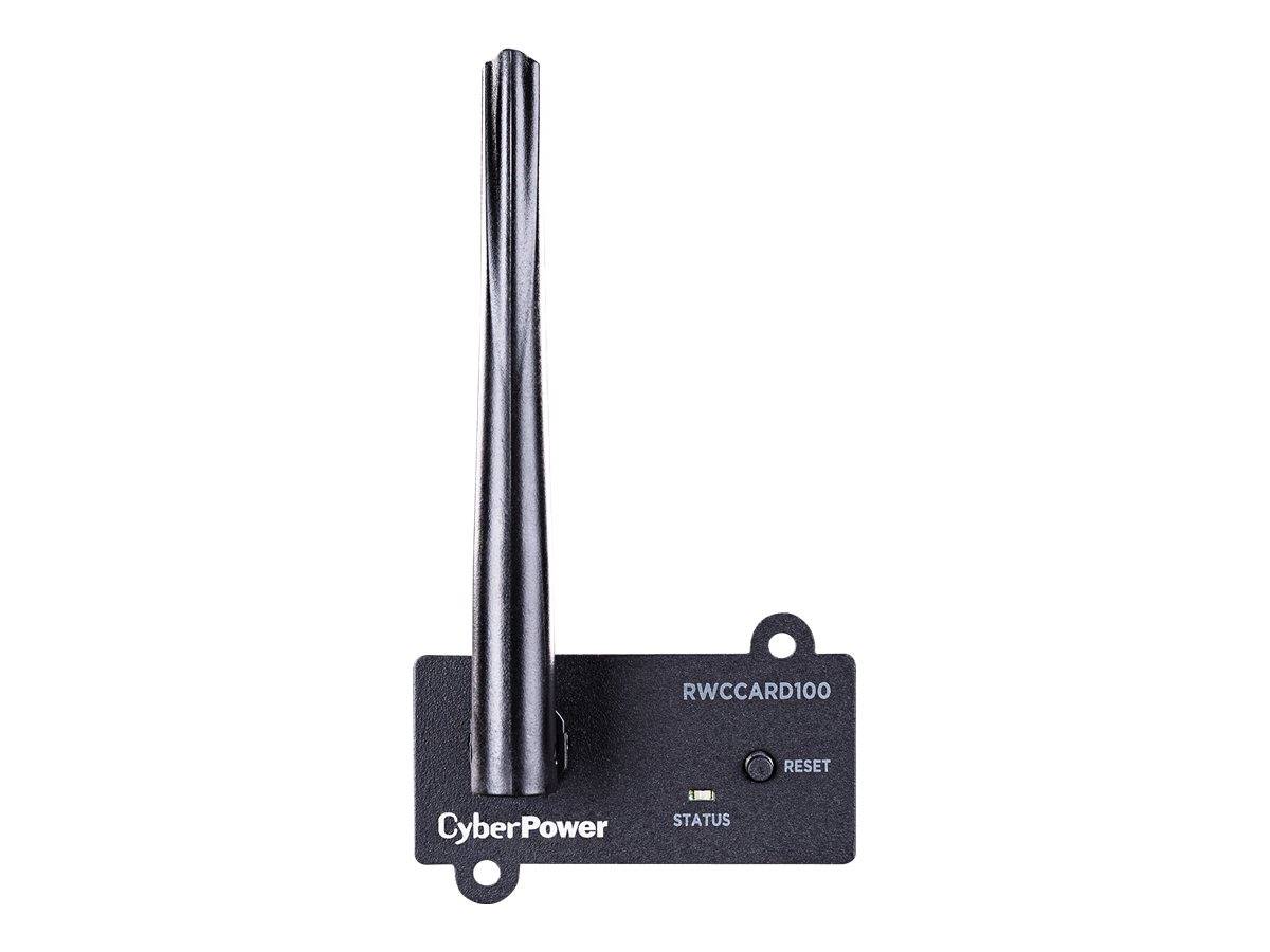 CyberPower RWCCARD100 Funk-Fernsteuerungskarte mit Antenne und Zurücksetzen-/Statusindikatoren, gezeigt auf weißem Hintergrund.