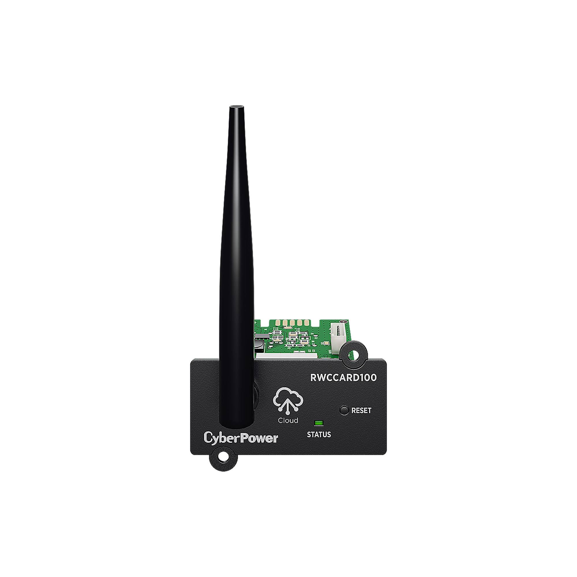 CyberPower RWCCARD100 Cloud-Management-Netzwerkkarte mit Antenne, Statusanzeige und Reset-Taste.