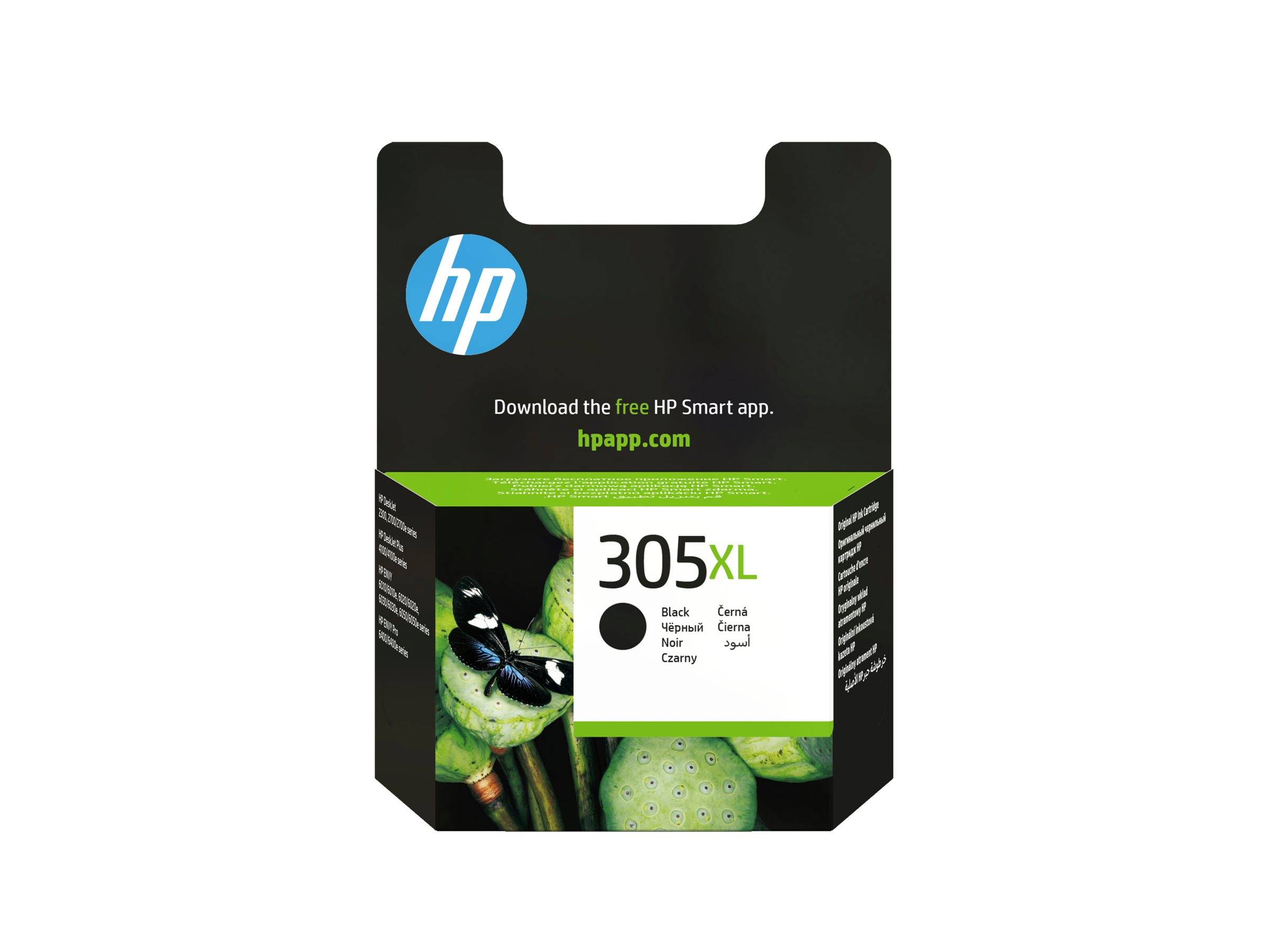 HP 305XL Schwarzpatrone Verpackung. Zeigt das HP-Logo, Produktdetails und einen grünen Hintergrund mit einem Pflanzenfoto.