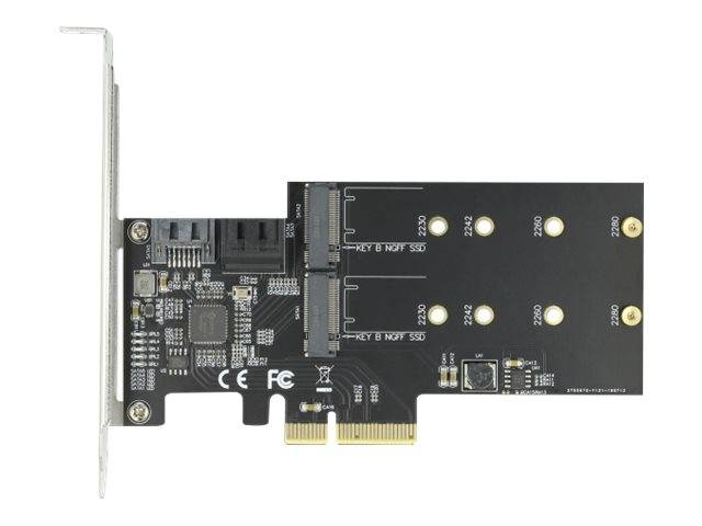 PCIe-Erweiterungskarte mit einer Metallhalterung und zwei M.2-NVMe-SSD-Steckplätzen auf einer schwarzen Leiterplatte.