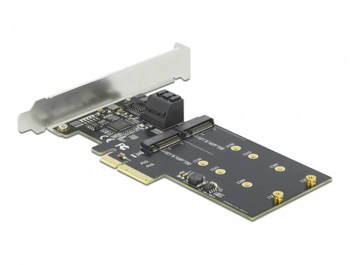 M.2 SSD-Adapterkarte mit Metallhalterung und SATA-Anschluss, gezeigt auf weißem Hintergrund.