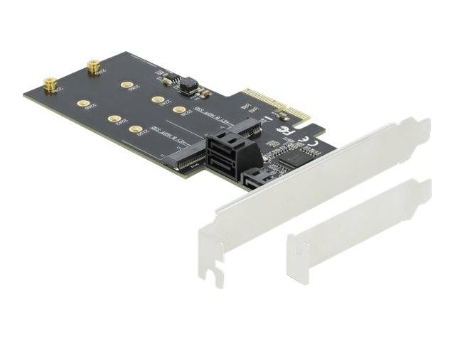 Interne Erweiterungskarte mit vergoldeten Steckverbindern und beiliegenden Low-Profile-Montageklammern für einen Desktop-Computer.