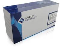 Ein weißes und blaues Katun Performance-Produktpaket, in einem Winkel dargestellt mit dem Logo auf der Vorderseite und einem Etikett auf der Seite.