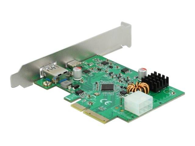 Interne Erweiterungskarte mit Metallhalterung, grüner Leiterplatte, Anschlüsse und Stecker für einen Desktop-Computer.
