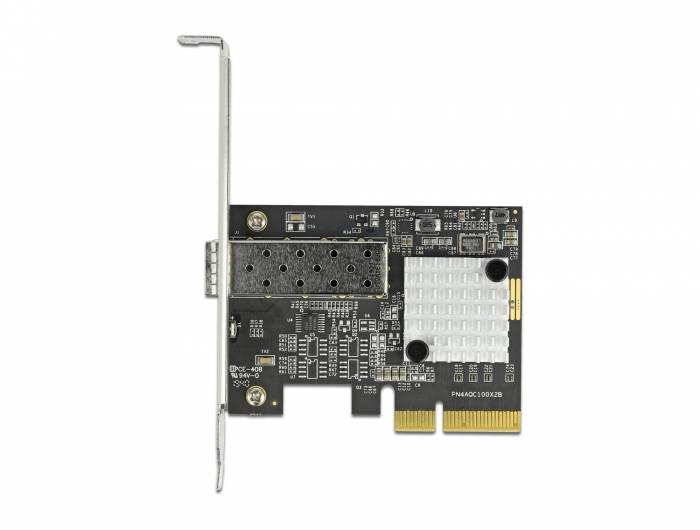 Interne Computererweiterungskarte mit Metallhalterung und vergoldetem Kantenstecker, zeigt eine schwarze Leiterplatte mit abgeschirmtem Modul und silbernem Kühlkörper.