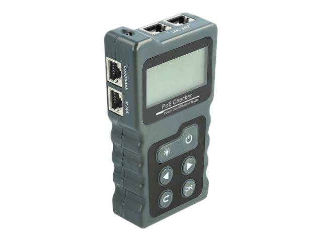 Tragbarer PoE-Tester mit kleinem Bildschirm, Ethernet-Anschlüssen und Steuerungstasten zum Testen von Power-over-Ethernet-Verbindungen.