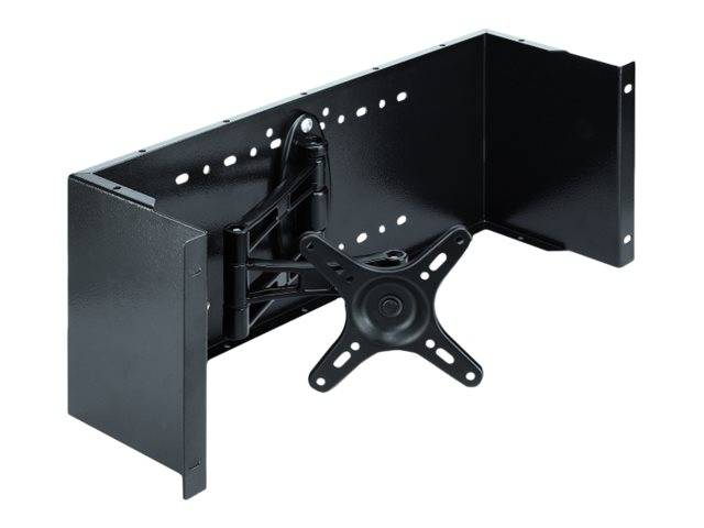Schwarze verstellbare Wandhalterung mit Scharnierrarmen und VESA-Platte zum Halten eines Fernsehers oder Monitors.