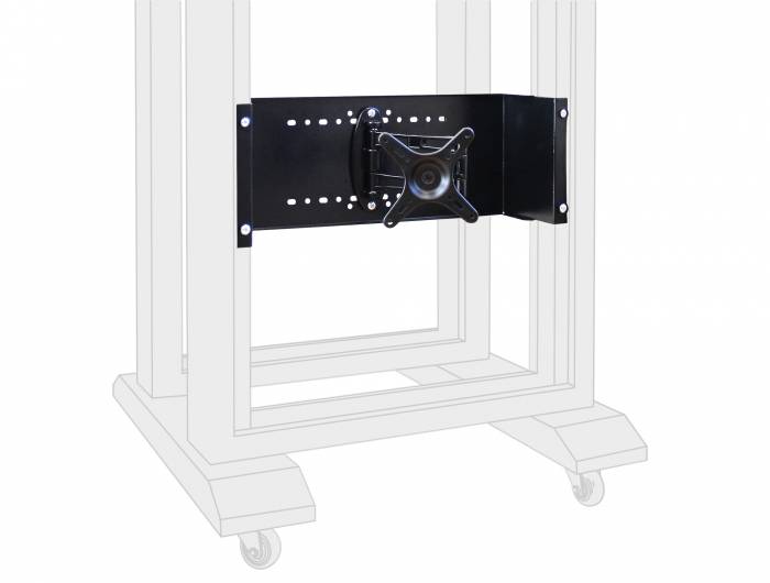 Schwarze Metallmonitorhalterungshalterung, die an einem weißen Ständerrahmen mit Rollen befestigt ist, zeigt die Seitenansicht der verstellbaren Displaystütze.