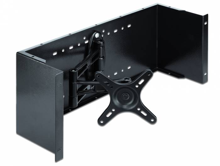 Schwarze Metall-TV-Wandhalterung mit verstellbarem Arm und VESA-Platte, geöffnet auf weißem Hintergrund dargestellt.