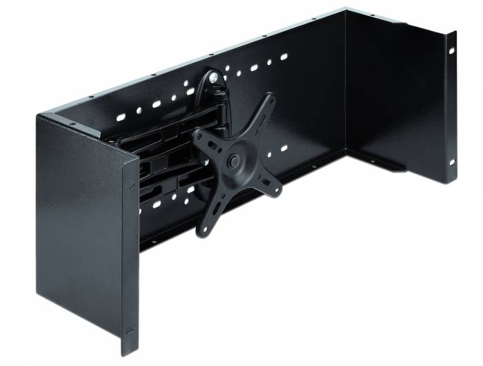 Schwarze verstellbare Metall-Wandhalterung mit Schwenkarm und VESA-kompatible Platte zum Halten eines Fernsehers oder Monitors.