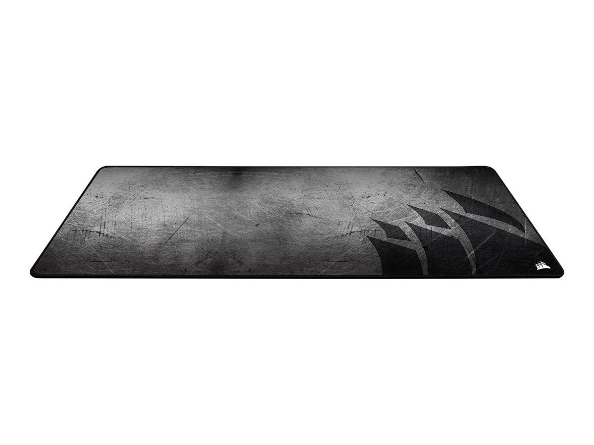 Rechteckiges schwarzes Gaming-Mousepad mit strukturierter Oberfläche, abgerundeten Ecken und feinem Kratzer-Grafik-Design auf der rechten Seite.