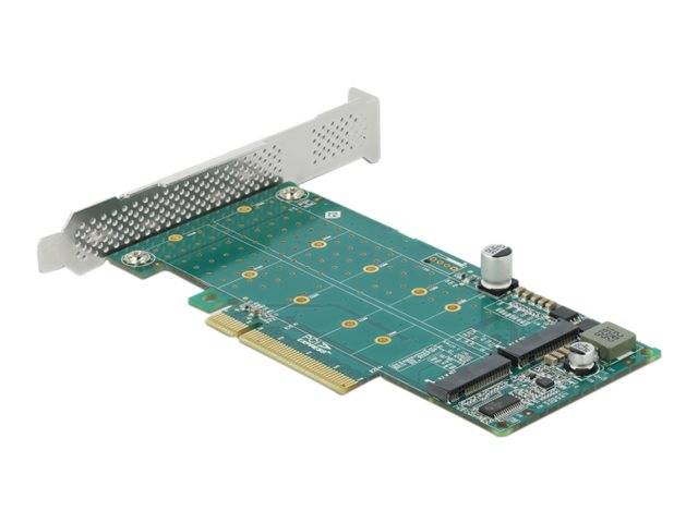 Eine Computer-Erweiterungskarte mit einer Metallhalterung und grüner Leiterplatte, auf weißem Hintergrund dargestellt.