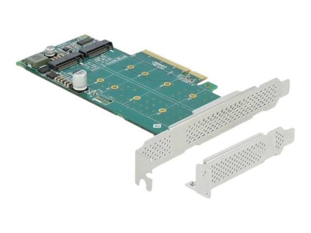 Eine grüne Computererweiterungskarte mit zwei weißen Metallmontageklammern, die daneben auf weißem Hintergrund gezeigt werden.