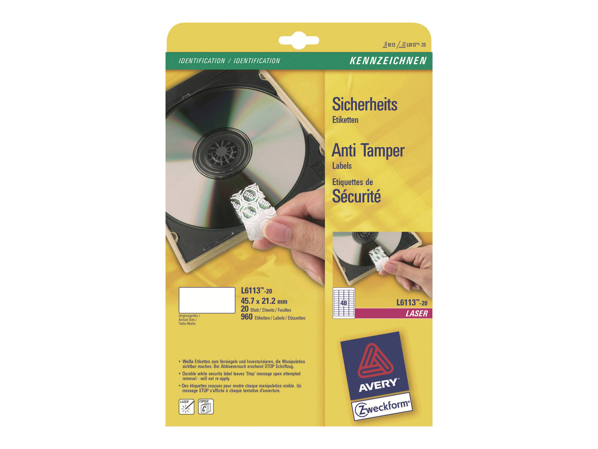 AVERY ZWECKFORM - Avery Anti-tamper Label - Polymer - weiß - 21.2 x 45.7 mm 960 Stck. (20 Bogen x 48)