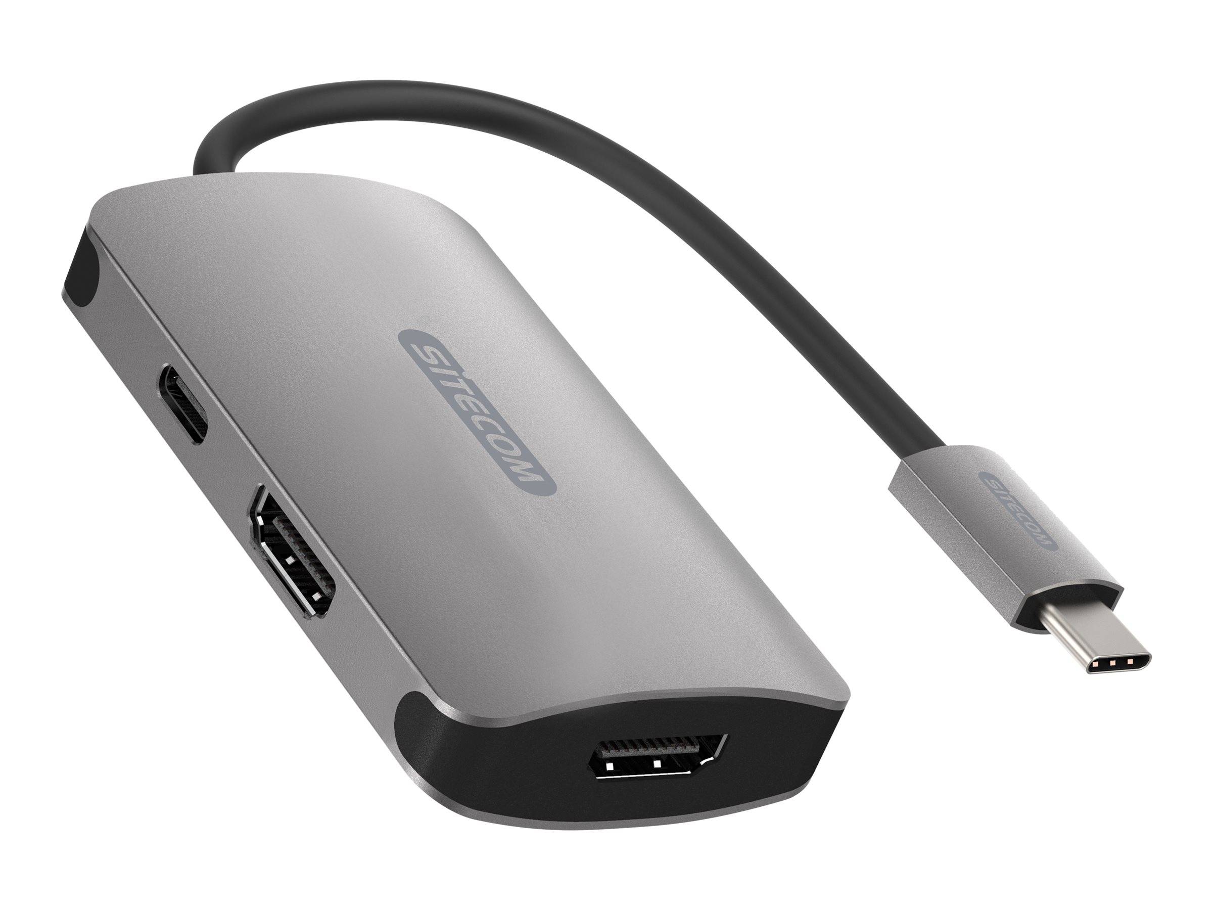 Silberner STECOM USB-C Hub-Adapter mit angeschlossenem Kabel, der mehrere Anschlüsse zum Verbinden von Geräten zeigt.