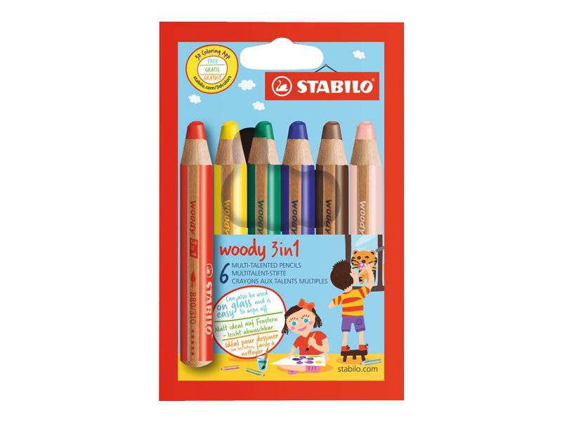 STABILO woody 3 in 1 - Farbstift - für Glas, Leder, Metall - Gelb, braun, Ultramarine, fliederfarben , STABILO-Rot, Dunk