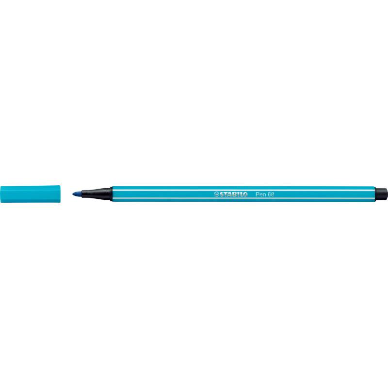 Blauer STABILO Pen 68 Filzstift mit entfernter Kappe, zeigt den Stift und die Kappe getrennt auf weißem Hintergrund.