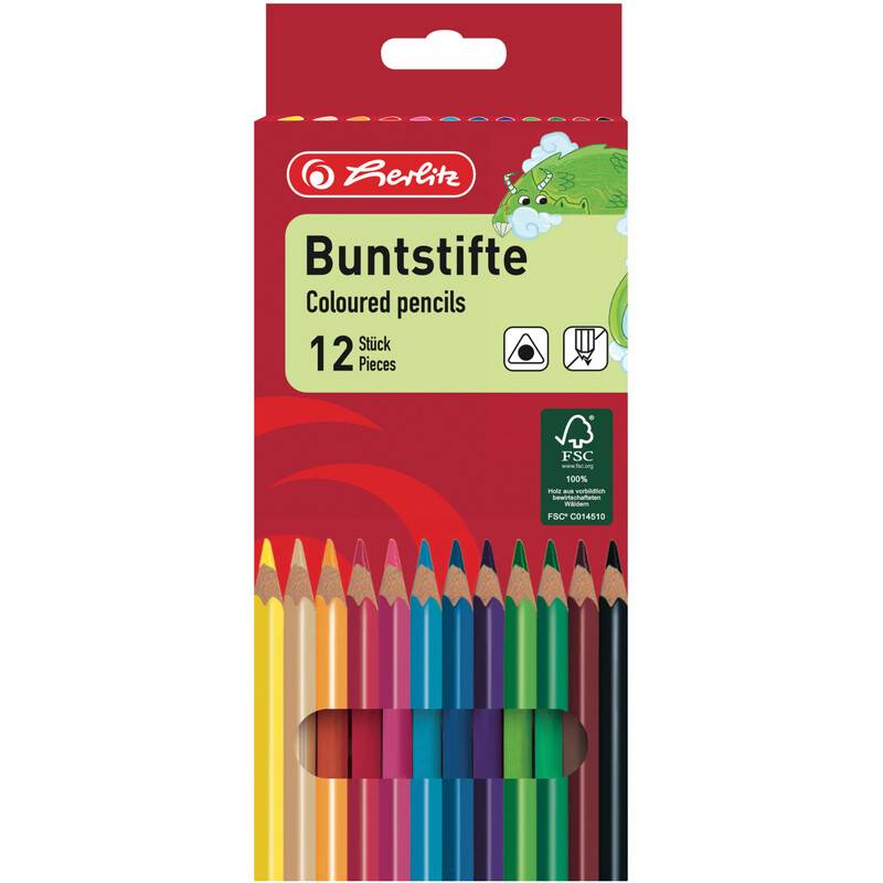 Eine Schachtel Herlitz Buntstifte mit 12 Stück in verschiedenen Farbtönen, präsentiert in einer roten Verpackung mit einem illustrierten Drachen in der oberen rechten Ecke.