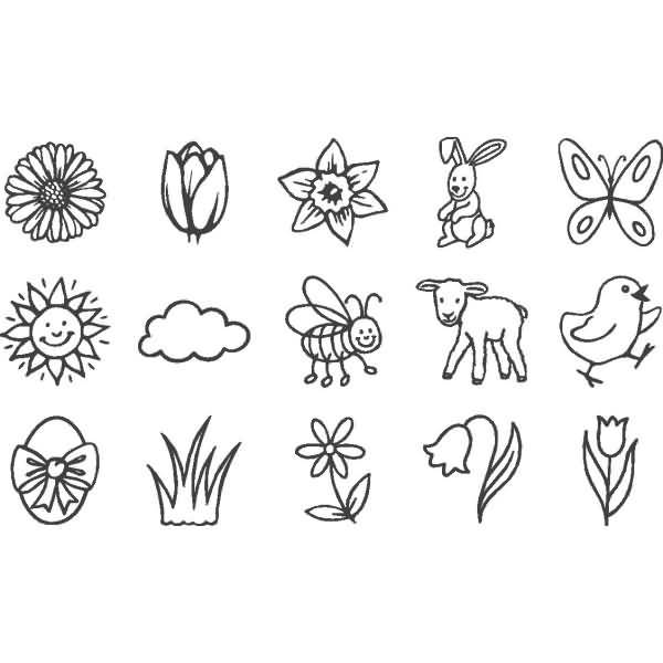 Stempelset Holz Frühling/Frühlingsmotive 1,5x1,5cm VE=15 Stück