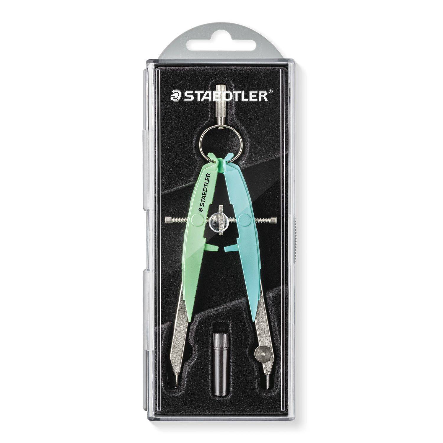 STAEDTLER Metallzirkel in durchsichtiger Kunststoffbox, geschlossen dargestellt mit grünen und blauen Armen und einem kleinen Bleibehälter.