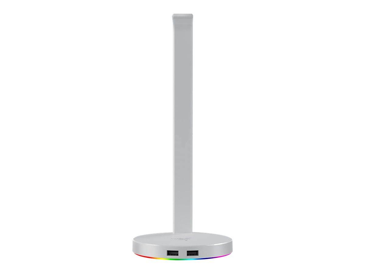 Ein weißer Kopfhörerständer mit schlankem vertikalem Design und einer runden Basis, die zwei USB-Anschlüsse und einen dezenten mehrfarbigen LED-Ring aufweist.
